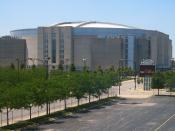 The United Center in Chicago, Illinois, home of the Chicago Bulls NBA team and Chicago Blackhawks NHL team. Photographed from °00′00″N °00′00″W ﻿ / ﻿ 41.8818°N 87.6701°W ﻿ / 41.8818; -87.6701 latd>90 (d format) in latd in a train on t