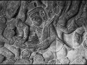 Bas relief of a massage abortion. The operator is a demon rather than a traditional birth attendant. The pregnant woman’s abdomen is darkened from being touched by pilgrims to Angkor Wat. The bas relief dates from about A.D. 1150.