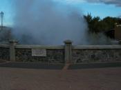 English: Date approximate within the month. Geothermal activity bubbles up near Rotorua, New Zealand. Hot springs were a tourist attraction. The region has a sulphurous smell. This geothermal pool is too hot to jump in -- 212 degrees Fahrenheit/100 degree