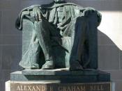 Cleeve Horne's sculpture of Alexander Graham Bell in front of the Brantford Bell Telephone Building