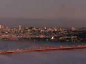 English: Out of fog Bay Bridge and Golden Gate Bridge and San Francisco in fog.