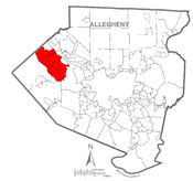 A map of Allegheny County showing Moon Township, Pennsylvania (alternate) highlighted on the map.