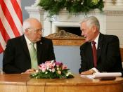 Vice President Dick Cheney listens to Lithuanian President Valdas Adamkus during a bilateral meeting held at the Presidential Palace in Vilnius, Lithuania, May 3, 2006. Presidential Palace.