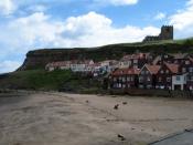 English: Draculas beach This beach, inside the harbour, is where Dracula first came ashore in Whitby, as told in Bram Stoker's novel.