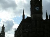English: Silhouettes of Wool Exchange and the tower of Bradford City Hall, Bradford, West Yorkshire, England.