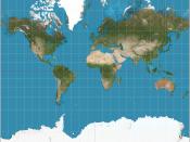 English: The world on Mercator projection between 82°S and 82°N. 15° graticule. Imagery is a derivative of NASA’s Blue Marble summer month composite with oceans lightened to enhance legibility and contrast. Image created with the Geocart map projection so