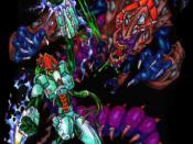 A Protoss warrior and a Zerg creature, as they appeared during StarCraft ' s production in 1996.