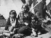 English: Little Crow's wife and two children at Fort Snelling prison compound. Photograph Collection, Carte-de-visite 1864 Location no. E91.1L r20 Negative no. 36722