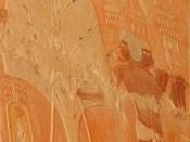 Photograph of a portion of a painted relief showing trees being transported from Punt to Egypt for transplantation; from Deir el Bahari in the Mortuary Temple of Hatshepsut, a pharaoh of the eighteenth dynasty of Ancient Egypt reigning from c. 1479 to 145