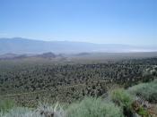 English: The Owens Valley, Alabama Hills, and Owens Lake, California, USA. View from the Whitney Portal road about 7500 MSL. Photo by Mike Teague June 2005.