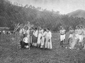 English: Photograph by James Mooney of a Cherokee dance, associated with the native game of stickball, in North Carolina.