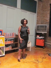 Ruby Bridges Hall speaking at Algiers Point temporary branch library, New Orleans.