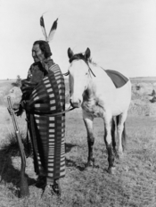 English: Photograph of Brule Lakota Chief Crow Dog, rifle and horse