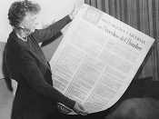 Eleanor Roosevelt and United Nations Universal Declaration of Human Rights in Spanish text.