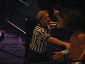 Professional wrestling referee Charles Robinson officiating a three-way tag team match
