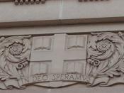 Brown University seal as a building detail. The motto, 