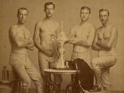 English: Photograph of Yale's four-oared crew team, posing with the trophy for the 1876 Centennial Regatta, won at Philadelphia, Pennsylvania. Image courtesy of the Yale University Manuscripts & Archives Digital Images Database. Retouched by MarmadukePerc