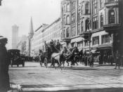 English: Horse-drawn fire engines in street, on their way to the Triangle Shirtwaist Company fire, New York City