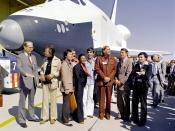 English: The Shuttle Enterprise rolls out of the Palmdale manufacturing facilities with Star Trek television cast members. From left to right they are: Dr. James D. Fletcher, NASA Administrator, DeForest Kelley (Dr. 