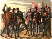 Edward of Westminster, Prince of Wales, is brought to Edward IV for questioning in the aftermath of the Battle of Tewkesbury. Edward's brothers, Richard (on the king's right) and George (left), along with Lord Hastings, stand near the king.