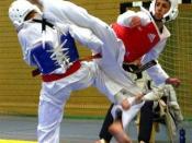 WTF Taekwondo Sparring Match, 2008. Mazyar Sajjadi performing a reverse on his opponent.