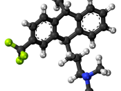 Ball-and-stick model of the fluotracen molecule, a tricyclic antidepressant and antipsychotic drug. Colour code (click to show) : Black: Carbon, C : White: Hydrogen, H : Blue: Nitrogen, N : Yellow-green: Fluorine, F