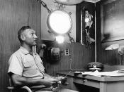 Commander sits in damaged cabin / US Navy photo Caption formerly at top read: :Photo # NH 97474 Cdr. W.L. McGonagle in his cabin on board USS Liberty, June 1967