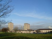 English: Highrise flats in Prospecthill Viewed from Prospecthill Road. This housing scheme was the location for a Sony Bravia television advert - in which several paint cans exploded to Gioachino Rossini's The Thieving Magpie - although the exact building