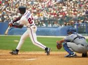 English: Dion Sanders JUST MISSING a home run against the Dodgers 1993