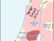 Another map of the Kingdom of Israel. The pink area indicating the lands that were inhabited by Israelites or under direct central royal administration during the United Monarchy (according to the Bible).