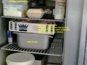 English: Demonstration of bad food hygeine in stored foodstuffs in a refrigerator