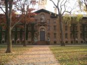 Nassau Hall, the university's oldest building. Note the tiger sculptures beside the steps.