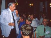 Brian Aldiss to the left (standing). Science fiction convention Intercon, 1994.