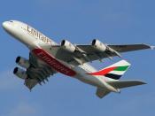 English: Photo I have taken at the 2005 Dubai Airshow of the new Airbus A380 painted in full Emirates Airlines Colors.