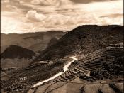 Aerial View Of Terraced Fields & Roadway With A Military Vehicle In A Mountainous Region Of The Kiangsu Province Or Yunnan Province In China [1946] Arthur Rothstein [RESTORED]
