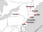 Locations of Ivy League Conference full member institutions.
