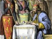 King John of England signing Magna Carta on June 15, 1215, at Runnymede; coloured wood engraving, 19th century.