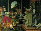 English: Painting depicting a lecture in a knight academy, painted by Pieter Isaacsz or Reinhold Timm for Rosenborg Castle as part of a series of seven paintings depicting the seven independent arts. This painting illustrates Rhetorics.