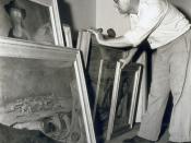 English: Photograph of Australian painter Russell Drysdale with some canvases, taken by Max Dupain