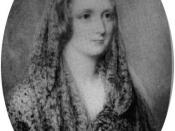 Reginald Easton painted this miniature portrait of Mary Shelley, on a flax coloured background. It incorporates a circlet backed by blue, the same seen in the Rothwell painting and a shawl. Seymour, p543 Abinger Collection