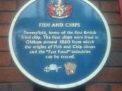 A blue plaque marking the site of the UK's first chip shop, on Oldham's Tommyfield Market. Taken by D. McClure in June 2007. Creative Commons 2.5 Licence.