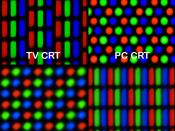 English: Pixel geometries. Clockwise from top left: a standard definition CRT television. 