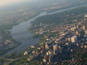 Downtown Ottawa, parts of Gatineau, Quebec and the Ottawa River, as viewed from a hot air balloon.