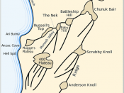 Map of the Anzac battlefield at Gallipoli depicting the main plateaus and ridges. Traced from marginal map in Ch.11, Vol. I 