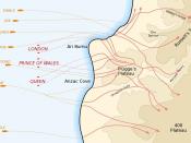 Map of the landing of the covering force from battleships (red) and destroyers (orange) at Anzac Cove, 25 April 1915.