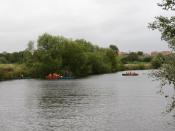 English: Learning boat skills on the Tees. Outdoor education group in canoes on the Tees by Preston Park.