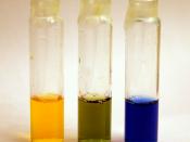 Bromothymol Blue pH indicator dye in an acidic, neutral, and alkaline solution (left to right).
