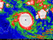 Infrared image of a powerful southern hemisphere cyclone, Monica, near peak intensity