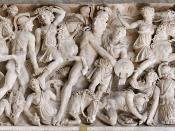 Scene from the Trojan War: Greeks fighting the Amazons; centre: Achilles and the dying Penthesilea. Panel of a marble sarcophagus, Roman artwork, 3rd century AD.