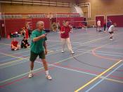 English: Men playing badminton.